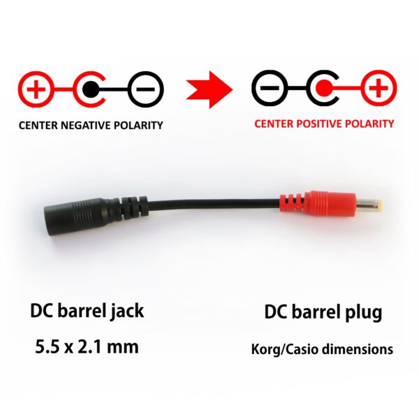 center positive to center negative barrel plug dimension 5.5 x 2.1 mm to Korg Casio 9 volt KA-350 AD-E95100 Birdcord songbird fx power bank battery boss psa