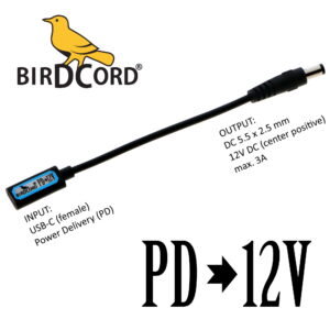 birdcord usb pd power delivery to 12v volt voltage converter cable step up cable songbird fx songcord 12 volt 12-volt 9v 15v 18v 19v 20v birdcable