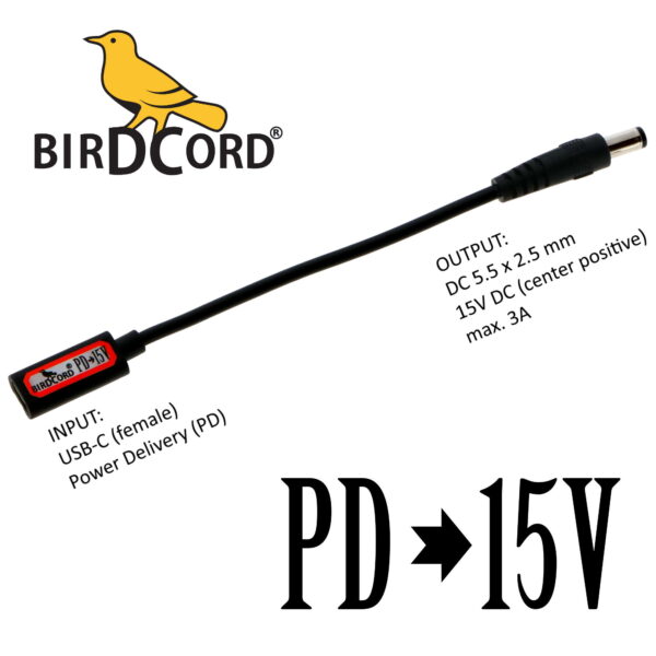 birdcord usb pd power delivery to 15v volt voltage converter cable step up cable songbird fx songcord 15 volt 15-volt 12v 9v 18v 19v 20v birdcable