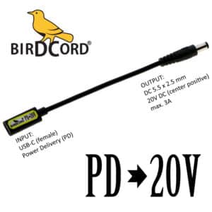 birdcord usb pd power delivery to 20v volt voltage converter cable step up cable songbird fx songcord 20 volt 20-volt 12v 15v 18v 19v 9v birdcable