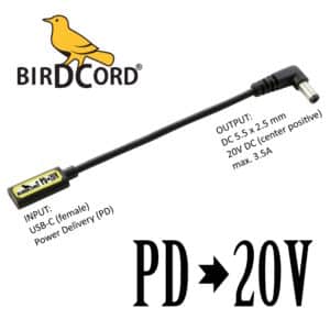 birdcord usb pd power delivery to 20v volt voltage converter cable step up cable songbird fx songcord 20 volt 20-volt 12v 15v 18v 19v 9v birdcable