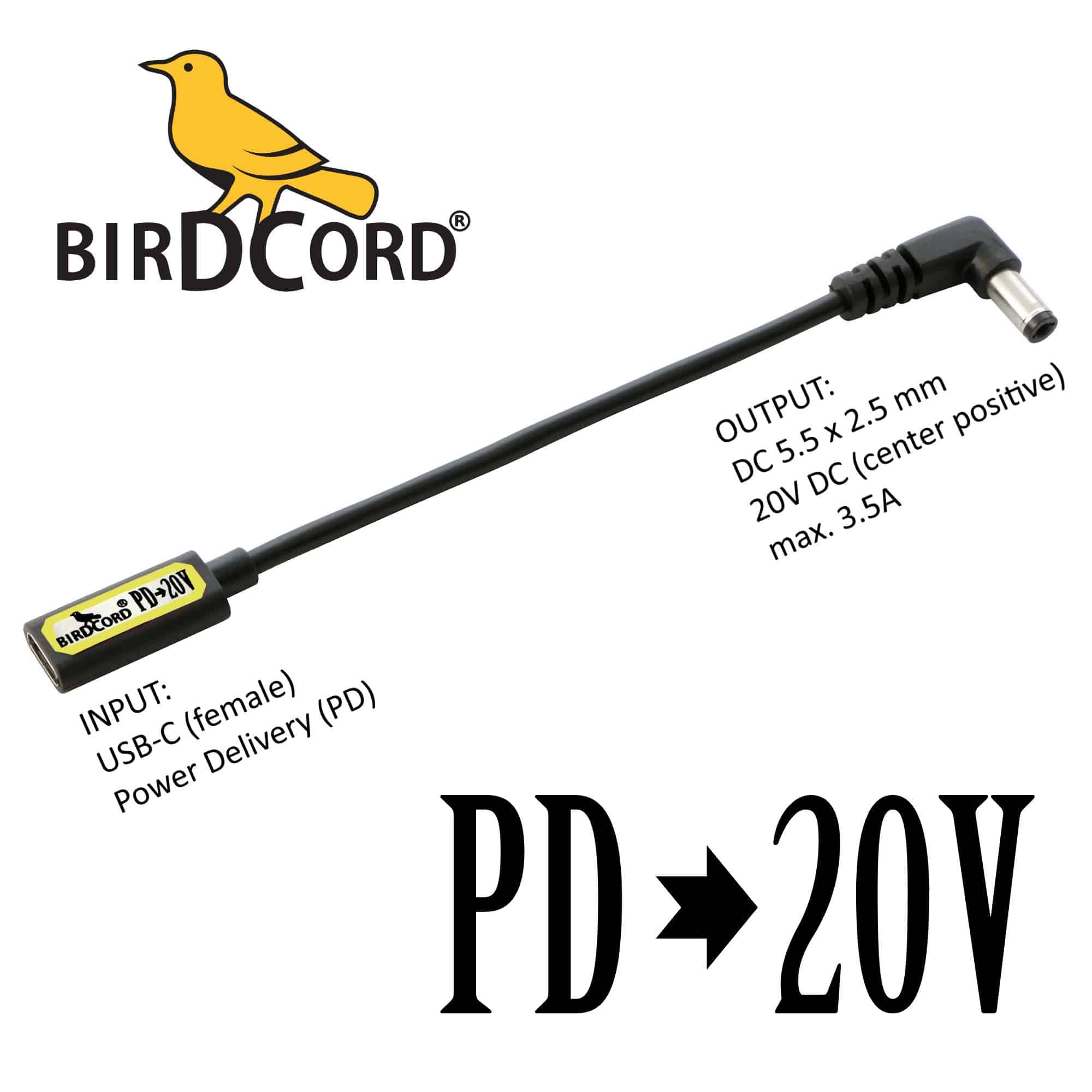 birdcord usb pd power delivery to 20v volt voltage converter cable step up cable songbird fx songcord 20 volt 20-volt 12v 15v 18v 19v 9v birdcable