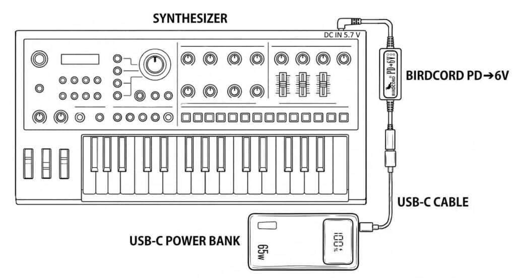 Roland JD-Xi Synthesizer powered portably with a USB-C power bank and a Birdcord PD→6V