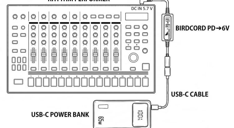 Roland TR-8S Rhythm Performer powered portably with a USB-C power bank and a Birdcord PD→6V